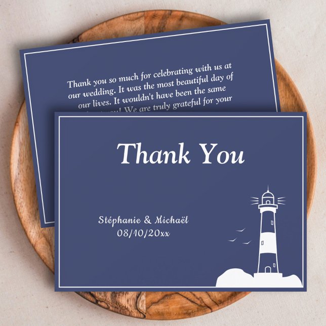 Tangentkort för fyr, marinblå Bröllop, tack Inbjudningar (Lighthouse Navy Blue Wedding Thank You Card)