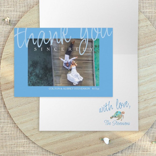 Tangentkort för Tropiskt blått Bröllop-foto Tack Kort (Tropical blue wedding photo thank you card with sea turtle - turquoise, teal blue, malibu blue)