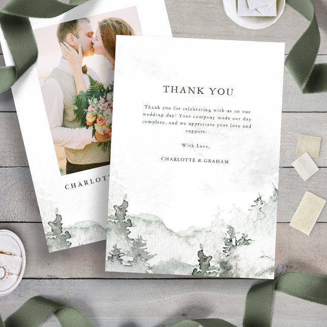 Tangentkort för vattenfärgsskog tack kort (Green and White Simple Minimalist Watercolor Forest Thank You Card
)