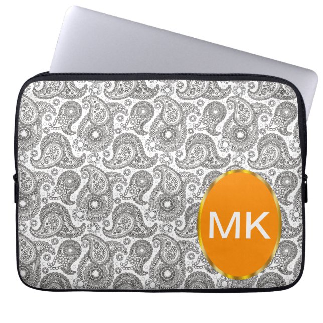Tangerine Black Paisley Laptop Sleeve (Framsidan)
