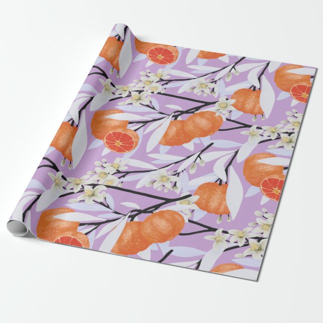 Tangerine Citrus Blooming Grenar Blommigt Lilac Presentpapper (Utrullad)