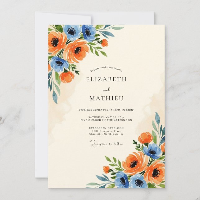 Tangerine Cornflower Blue Scenic Spring Wedding Inbjudningar (Framsida)