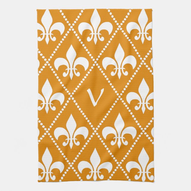 Tangerine Fleur de Lis med monogram inledande Kökshandduk (Vertikal)