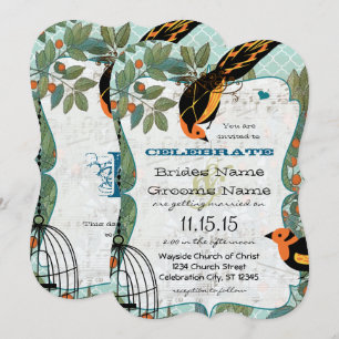 Tangerine Gult & Black Art Deco Inspired Birds Inbjudningar