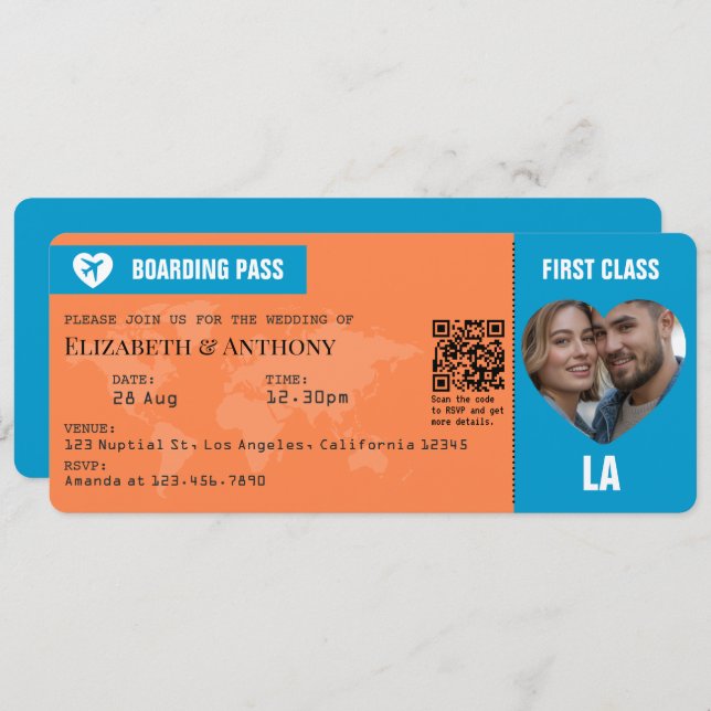 Tangerine & Lagoon Blue Boarding Pass Wedding Inbjudningar (Fram/baksida)
