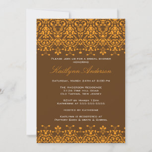 Tangerine och Brown Damask Inbjudningskort för möh