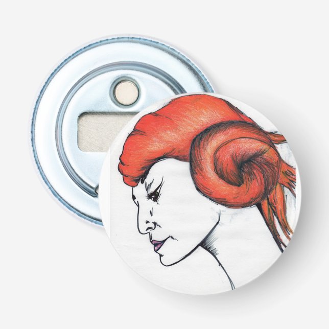 Tangerine Orange Hearing Woman Porträtt Pop Art Flasköppnare (Framsidan)