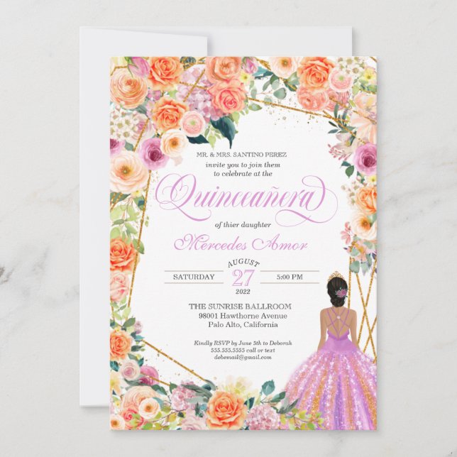 Tangerine Orange Peach  Ro Quinceanera Inv. Inbjudningar (Framsida)