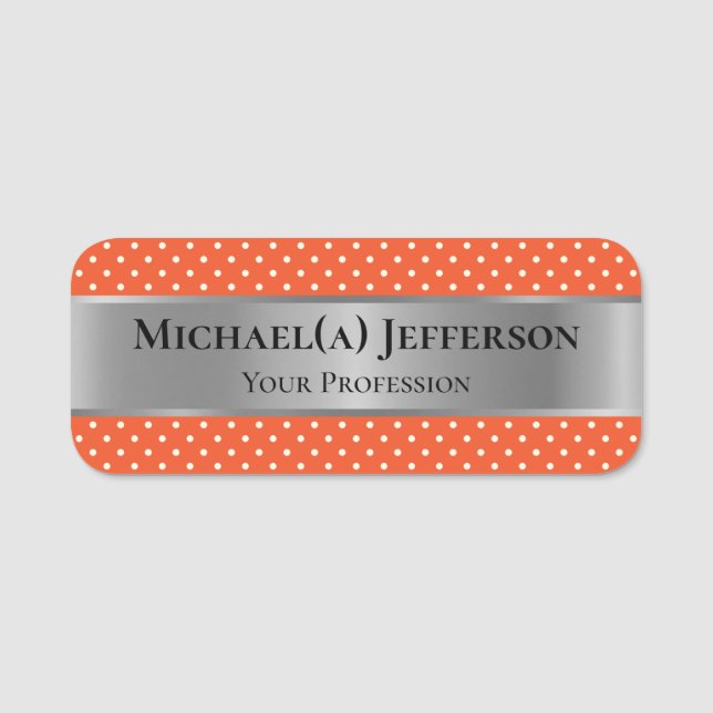 Tangerine Orange White Polka Dot och Luxury Silver Namnbricka (Framsida)