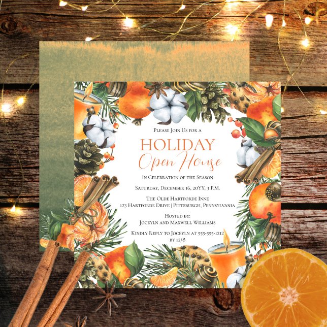 Tangerines och Helgdag i Gräs Inbjudningar (Tangerines and Pine Christmas Holiday Open House Invitation)