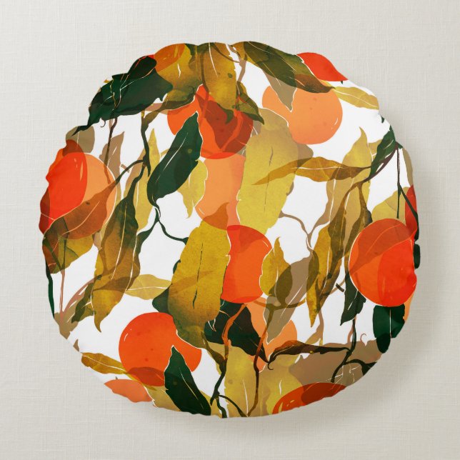 Tangerines träd: saftig, sömlös mönster. rund kudde (Framsidan)