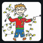 Tanglade julstämningen Ljus Stickers Fyrkantigt Klistermärke<br><div class="desc">De här Tanglede julklistermärkena i Ljus förstår att de inte tränar sig själva. Utformningen har en hand plockade-stick-figur-man, som bär en röd och grönt turtleneck-tröja, samtidigt som den håller en trasslad remsa av gult ljus. Uttrycket på hans ansikte säger allt. Vilken ljus vi snurrar! De här klistermärkena är ett roligt...</div>
