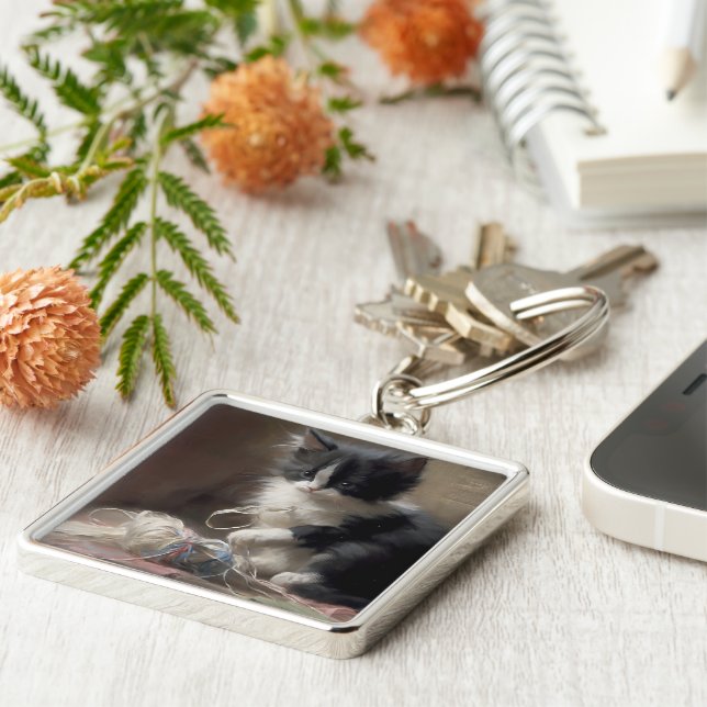 Tanglade uppåt i Roligt, svart och vit katt Fyrkantig Silverfärgad Nyckelring (Sidan)