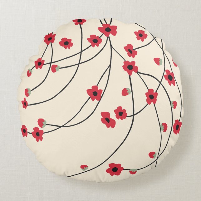 Tangled in Bloom Crimson Red Warm Vanilla Rund Kudde (Framsidan)