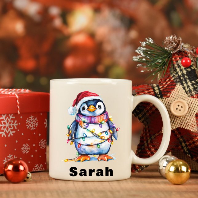 Tangulerat i Ljus Penguin-julen Kaffemugg (Tangled in Lights Penguin Christmas Coffee Mug)