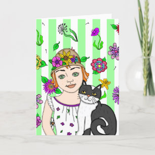 Tänk bara på dig. Folk Art Girl and Cat Kort