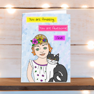 Tänk bara på dig. Folk Art Girl and Cat Kort