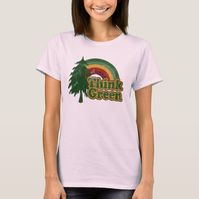 Tänk Green Retro Rainbow Earth Day T-Shirt (Framsida)