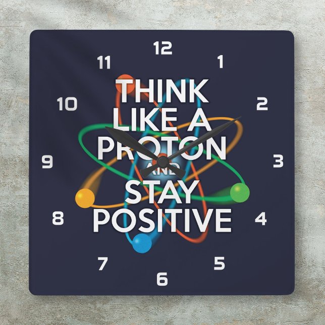 TÄNK SOM EN PROTON OCH VAR POSITIV FYRKANTIG KLOCKA (THINK LIKE A PROTON AND STAY POSITIVE SQUARE WALL CLOCK)