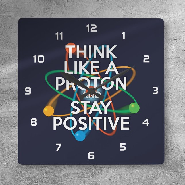 TÄNK SOM EN PROTON OCH VAR POSITIV FYRKANTIG KLOCKA (THINK LIKE A PROTON AND STAY POSITIVE SQUARE WALL CLOCK)