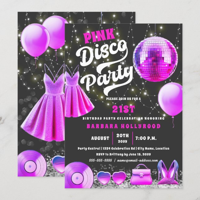 Tänka Rosa Core Disco Party Inbjudningar (Fram/baksida)