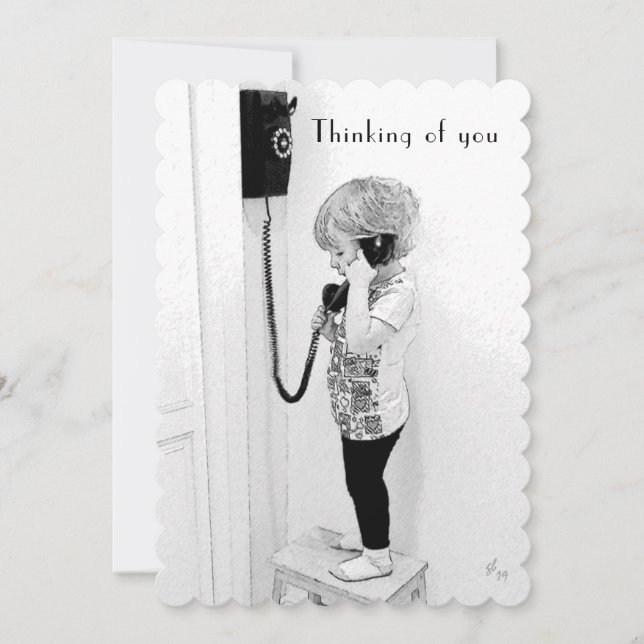 Tänkande av dig, barn, gammal telefon, B&W-konst Julkort (Framsida)
