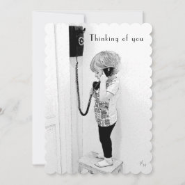 Tänkande av dig, barn, gammal telefon, B&W-konst Julkort