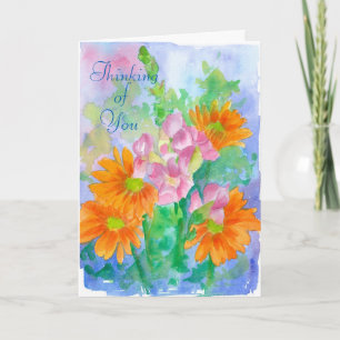 Tänkande av dig vattenfärgblommor för orange daisy kort