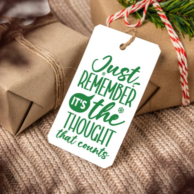 TÄNKANDET SOM RÄKNAR FUNNY CHRISTMAS GRÖNT PRESENTETIKETT (GREEN AND WHITE Just remember it's the thoughts that counts hilarious CHRISTMAS tags, Snarky holiday)