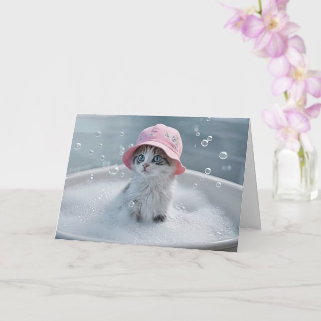 Tankar på dig Cute Kitten i en Bubble Bath Kort (Orkide)