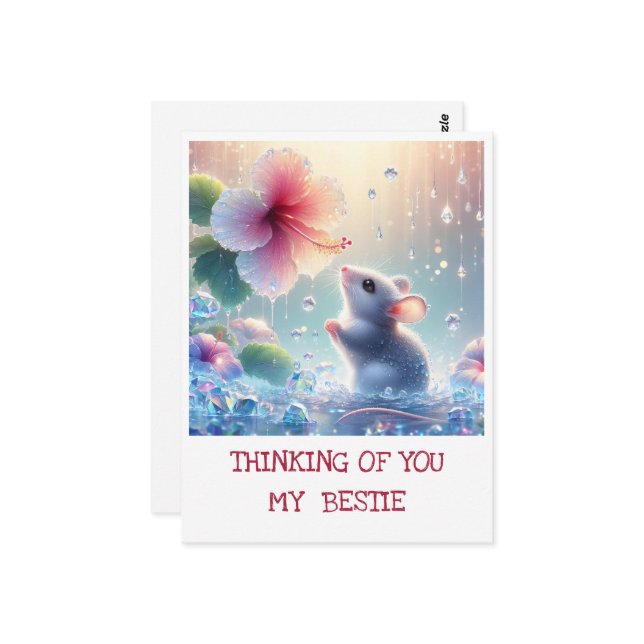 Tankar på dig White Mystical Mouse Rosa Hibiscus Vykort (Fram/Back In Situ)