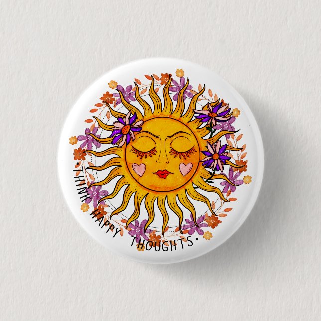 Tankar vid tänka Lycklig - Sol och blommor positiv Knapp (Framsida)