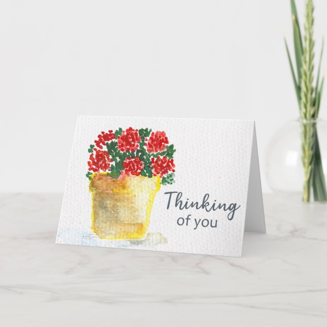 Tänker på Dig Akvarell Röda Blommor i Kruka Kort (Framsida)