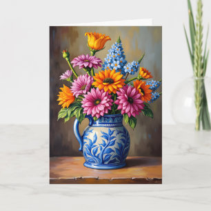 Tänker på Dig Blå Vit Kanna Ljus Blommor Kort
