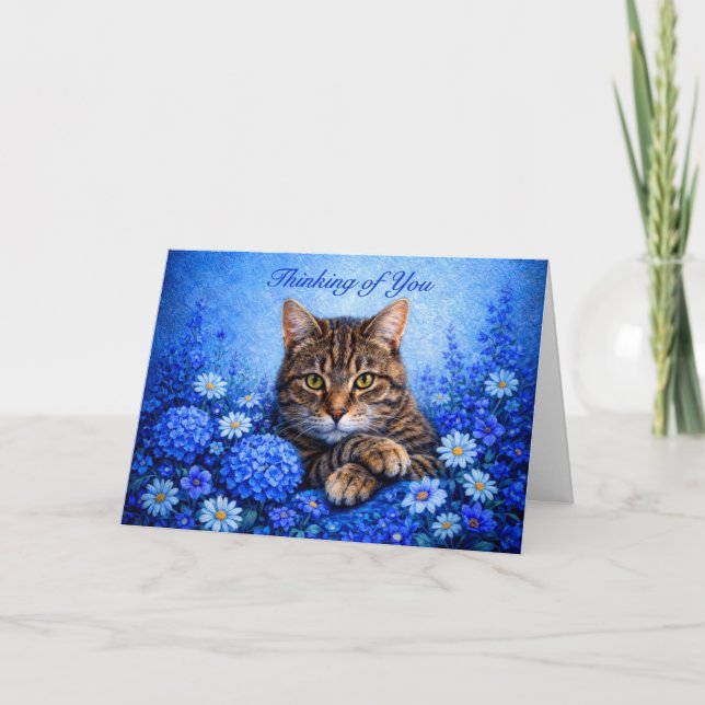 Tänker på Dig Blommig Tabbymössa Kattkort Kort (Framsida)
