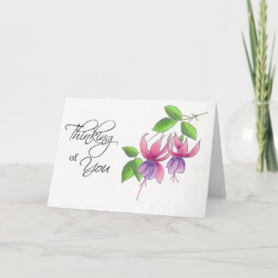 Tänker på dig fuchsia blommor i vattenfärgspenna kort