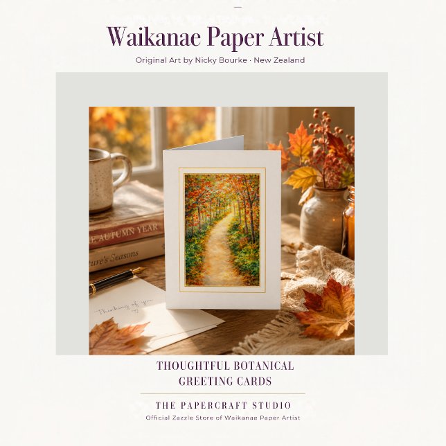 Tänker på Dig Höstskogsstig Hälsningskort (Elegant botanical pathway card with autumn colour and original art by Nicky Bourke, New Zealand.)