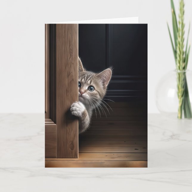 Tänker på dig Katten tittar runt en dörr Kort (Framsida)
