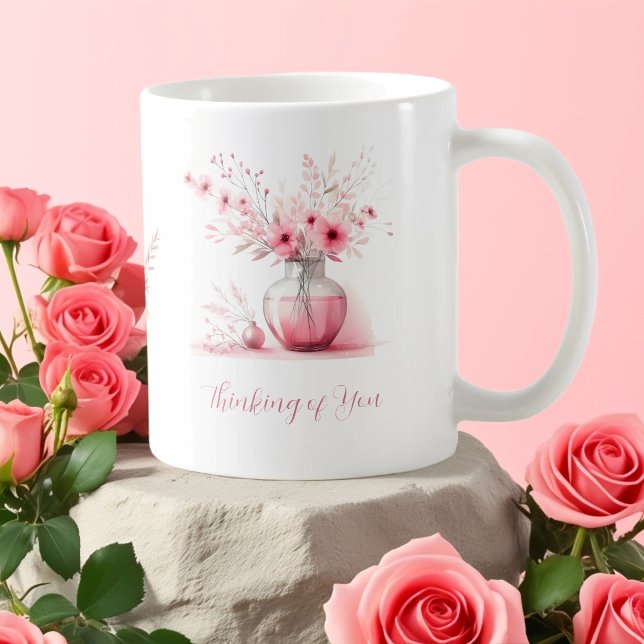 Tänker på Dig Rosa Blommor och Vas Sympati Kaffemugg (Skapare uppladdad)