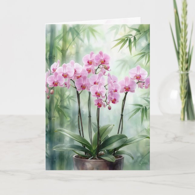 Tänker på Dig Rosa Orkidéer På Grön Bambu Kort (Framsida)