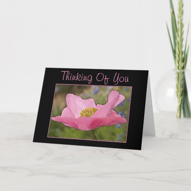Tänker på Dig Rosa Poppy Blomma Fotografi Kort (Framsida)