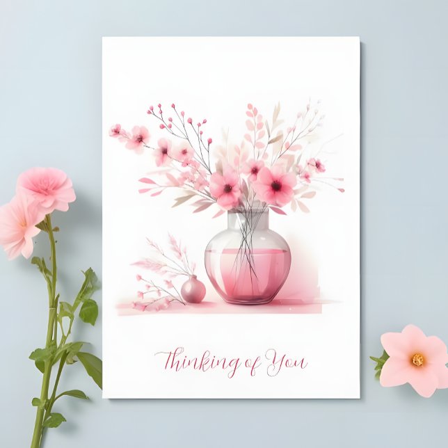 Tänker på Dig Rosa Vas och Blommor Sympati Kort (Skapare uppladdad)