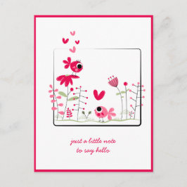 Tänker på Dig Rosa Whimsical Rosa Fåglar Blommor Vykort