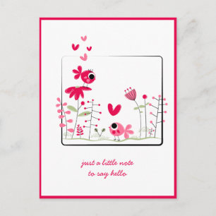 Tänker på Dig Rosa Whimsical Rosa Fåglar Blommor Vykort