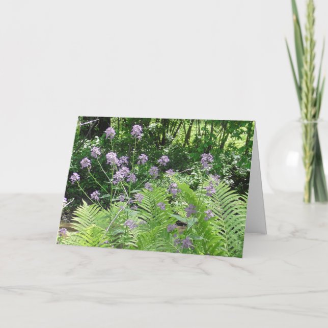 Tänker på dig vackra lila blommor kort (Framsida)