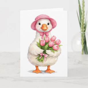 Tänker på Dig Vit Gås med Rosa Tulpaner Kort