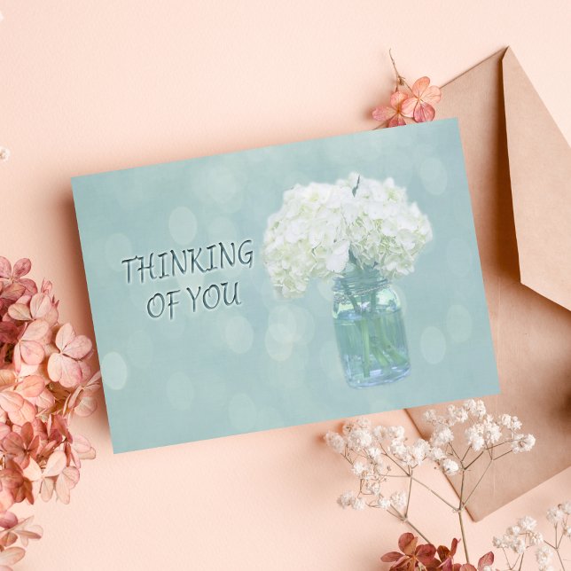 Tänker På Dig Vit Hydrangea I En Vas Kort (Skapare uppladdad)