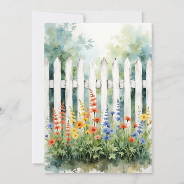 Tänker på Dig Vit Staket med Blommor Platt Kort (Framsida)