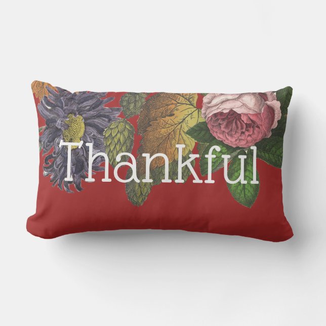 Tankfulla moderna Vintage Flowers på Auburn Red Lumbarkudde (Framsida)