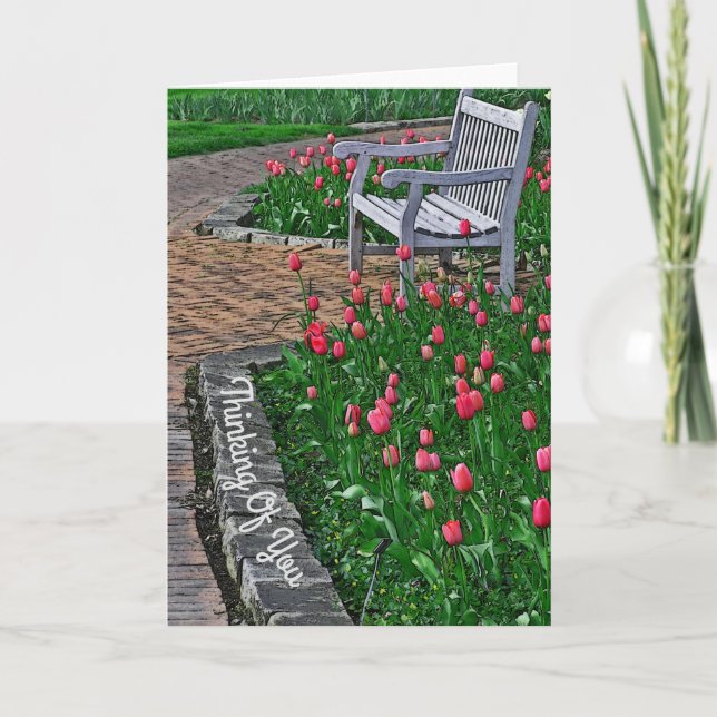 "TÄNKNING AV DIG"/BENCH I PARK MED ROSA TULIPS KORT (Framsida)